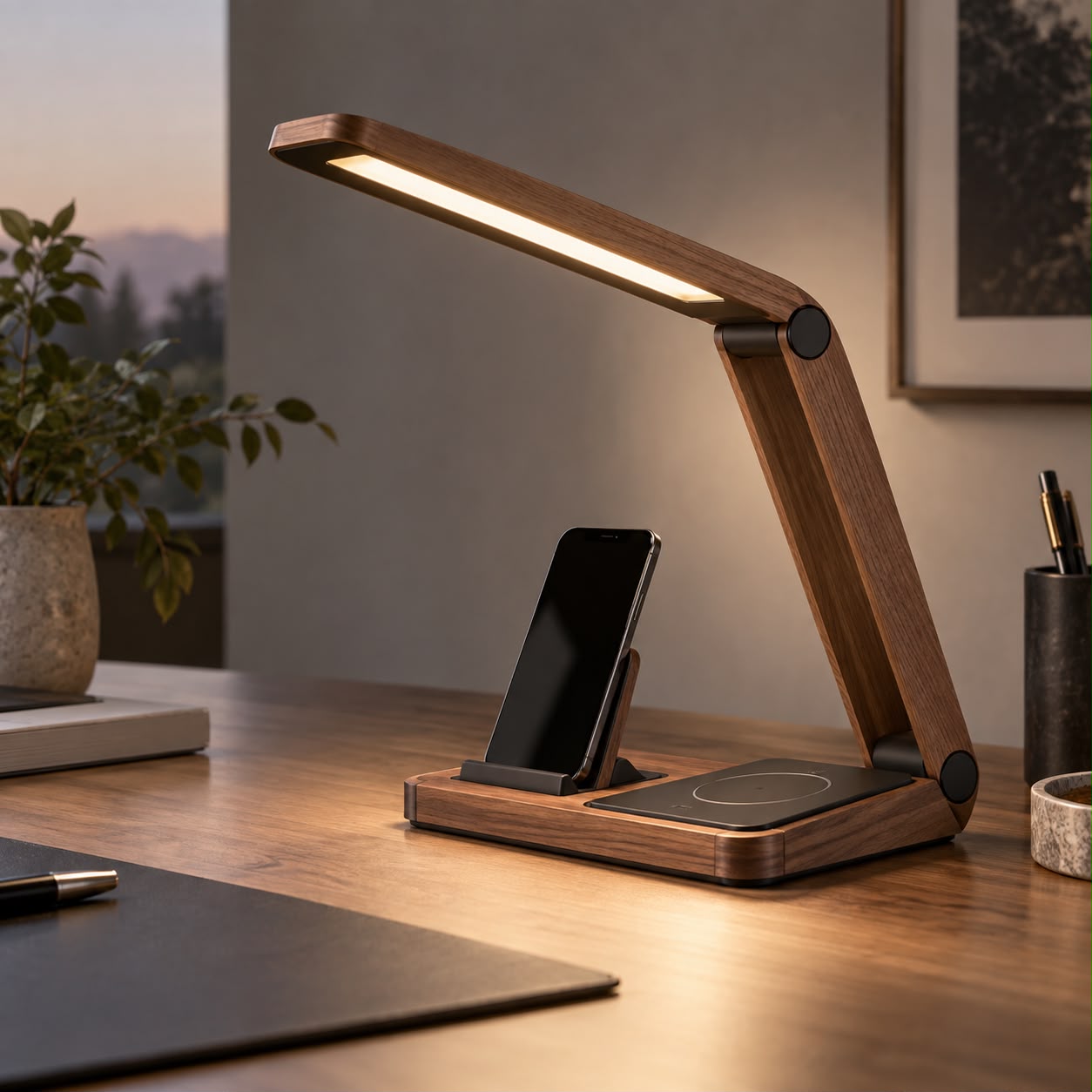 DESKIND Arc — ceviz katlanır lamba ve şarj istasyonu