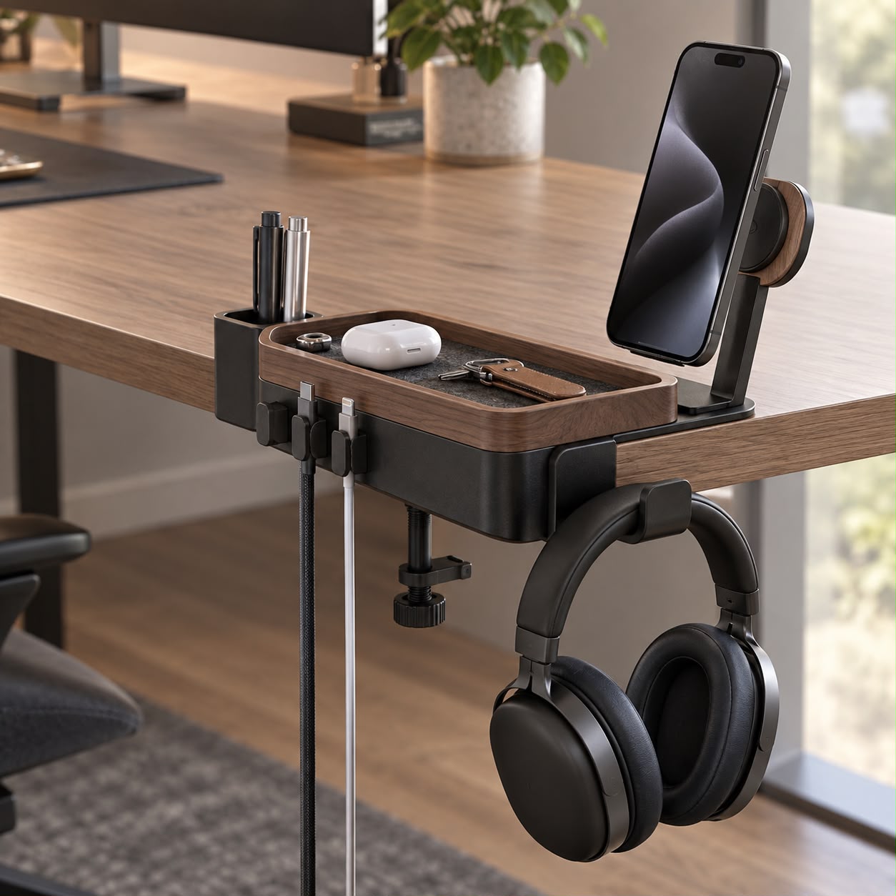DESKIND Edge — masa kenarına takılan organizer, kulaklık askısı ve şarj standı
