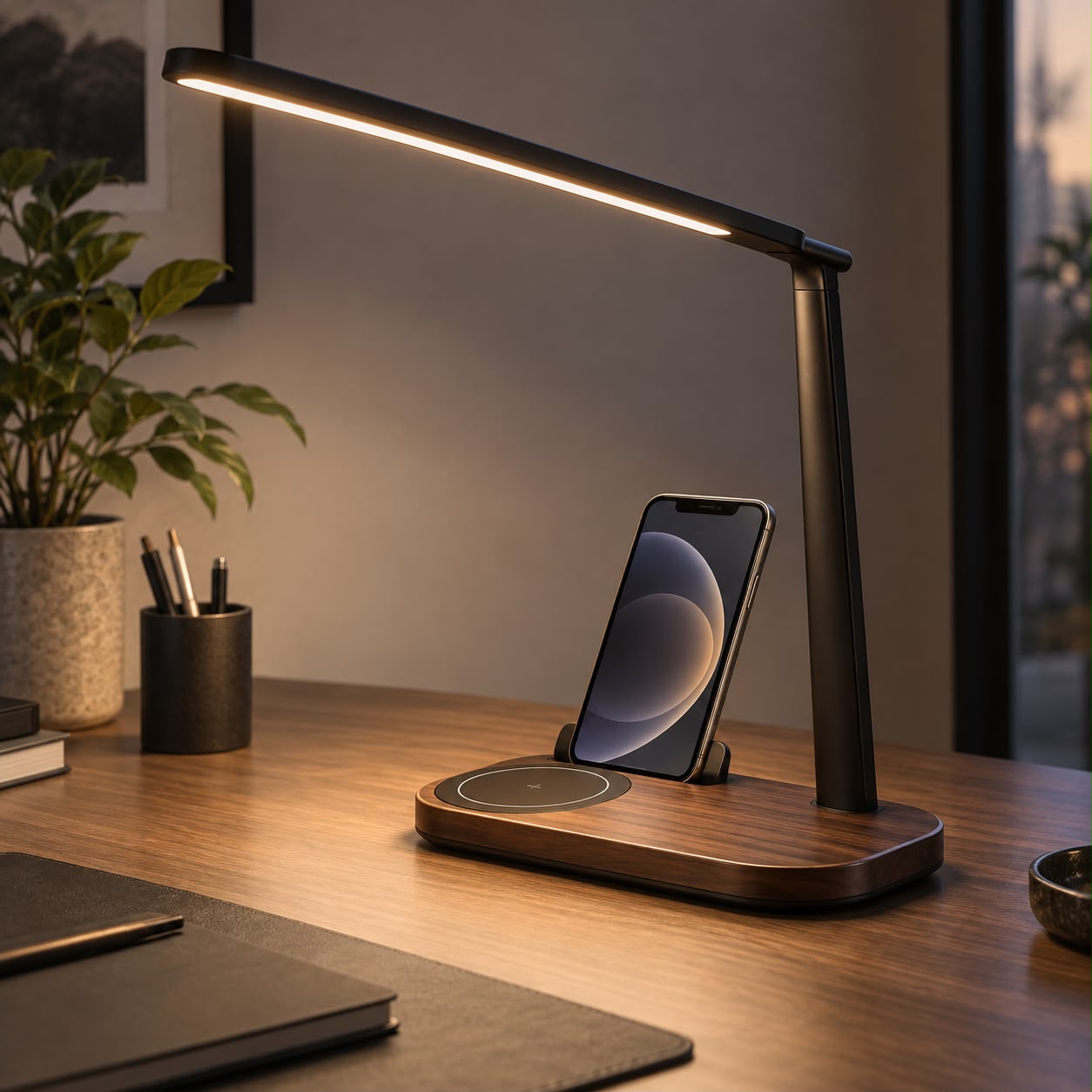 DESKIND Halo — mat siyah kollu lamba, ceviz kablosuz şarj tabanı